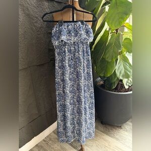Blue and White Strapless Maxi Dress